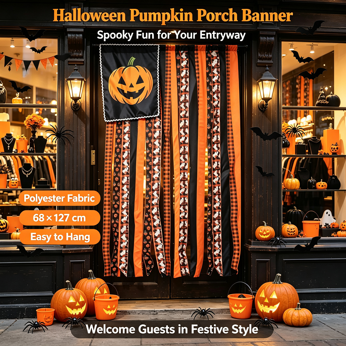 🎃 Halloween Pumpkin Streamer Door Banner | Ghost & Plaid Fabric Hanging Curtain, Spooky Porch Entryway Decor for Halloween Party