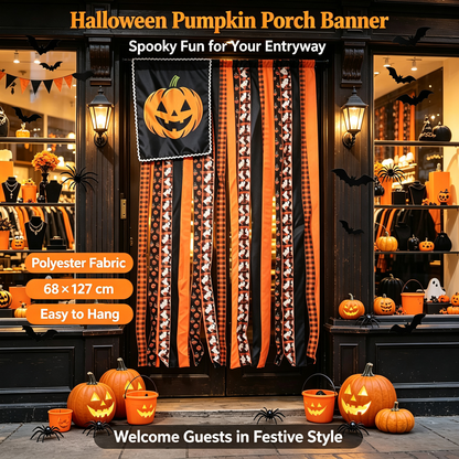 🎃 Halloween Pumpkin Streamer Door Banner | Ghost & Plaid Fabric Hanging Curtain, Spooky Porch Entryway Decor for Halloween Party