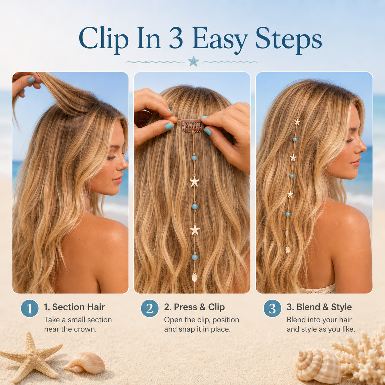 🌊⭐Beachy Mermaid Hair Accent Clip (Featuring blue bead accents, starfish, and shell charms)