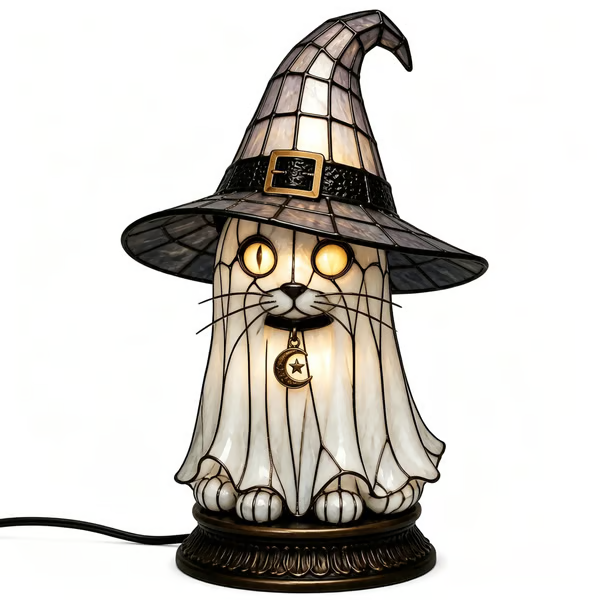 🔥Exclusive Limited Item 👍🔥50%OFF🐈🐱 Tiffany-Style Witch & Black Cat Table Lamp | Gothic Halloween Decorative Night Light