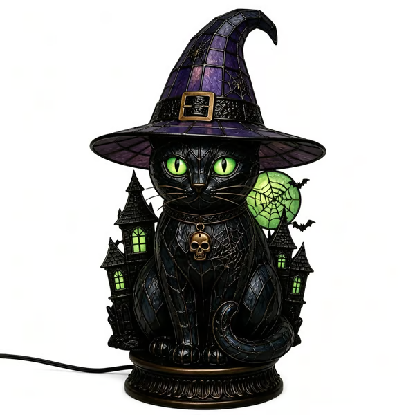 🔥Exclusive Limited Item 👍🔥50%OFF🐈🐱 Tiffany-Style Witch & Black Cat Table Lamp | Gothic Halloween Decorative Night Light