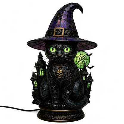 🔥Exclusive Limited Item 👍🔥50%OFF🐈🐱 Tiffany-Style Witch & Black Cat Table Lamp | Gothic Halloween Decorative Night Light