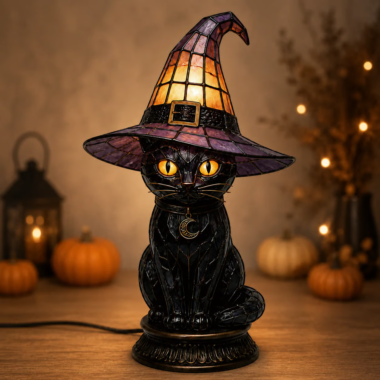 🔥Exclusive Limited Item 👍🔥50%OFF🐈🐱 Tiffany-Style Witch & Black Cat Table Lamp | Gothic Halloween Decorative Night Light