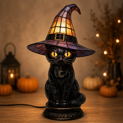🔥Exclusive Limited Item 👍🔥50%OFF🐈🐱 Tiffany-Style Witch & Black Cat Table Lamp | Gothic Halloween Decorative Night Light