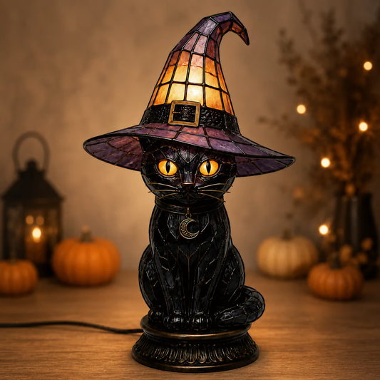 🔥Exclusive Limited Item 👍🔥50%OFF🐈🐱 Tiffany-Style Witch & Black Cat Table Lamp | Gothic Halloween Decorative Night Light