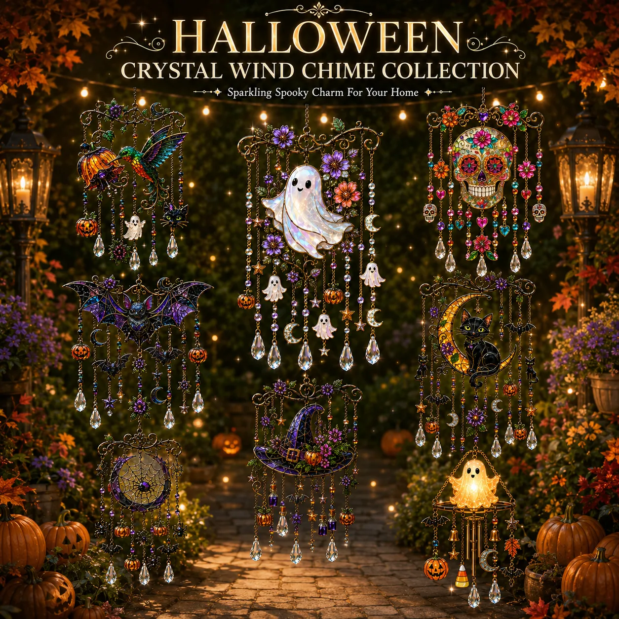 🎃💎Halloween Crystal Wind Chime – Colorful Acrylic Hanging Garden Decoration
