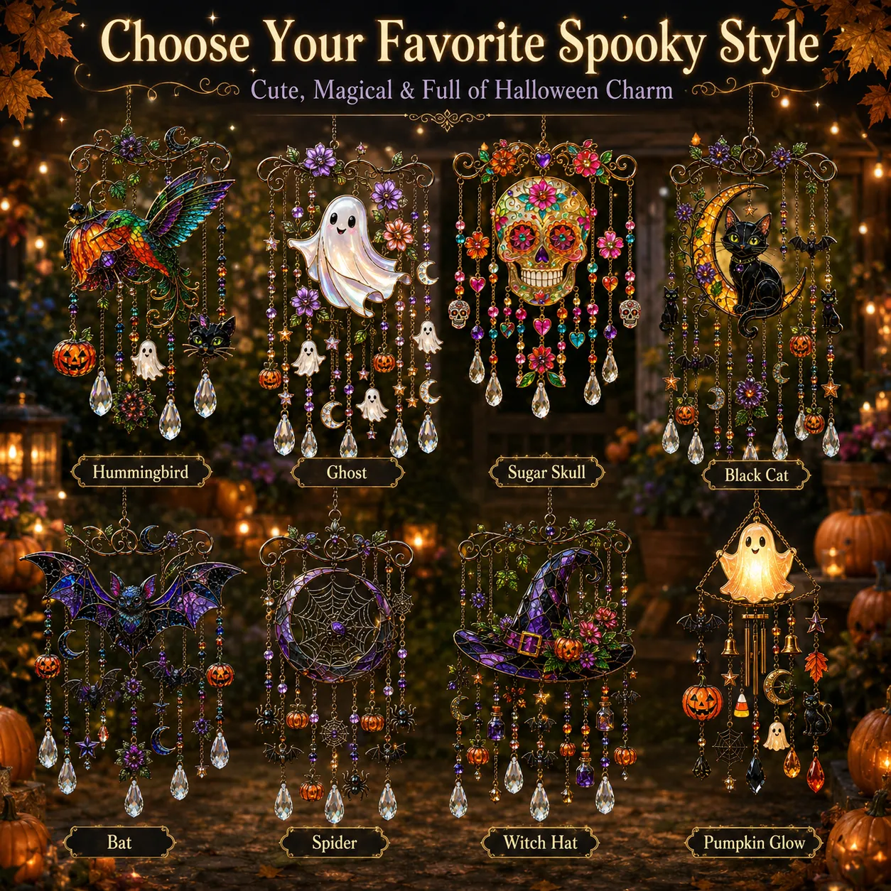 🎃💎Halloween Crystal Wind Chime – Colorful Acrylic Hanging Garden Decoration
