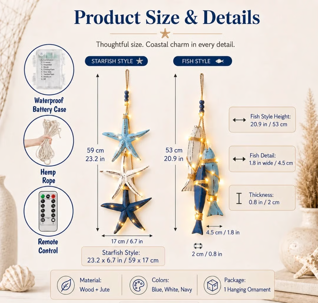 ⭐2026 HOT SALE🐟🌊Lighted Coastal Wooden Starfish & Fish Hanging Decor