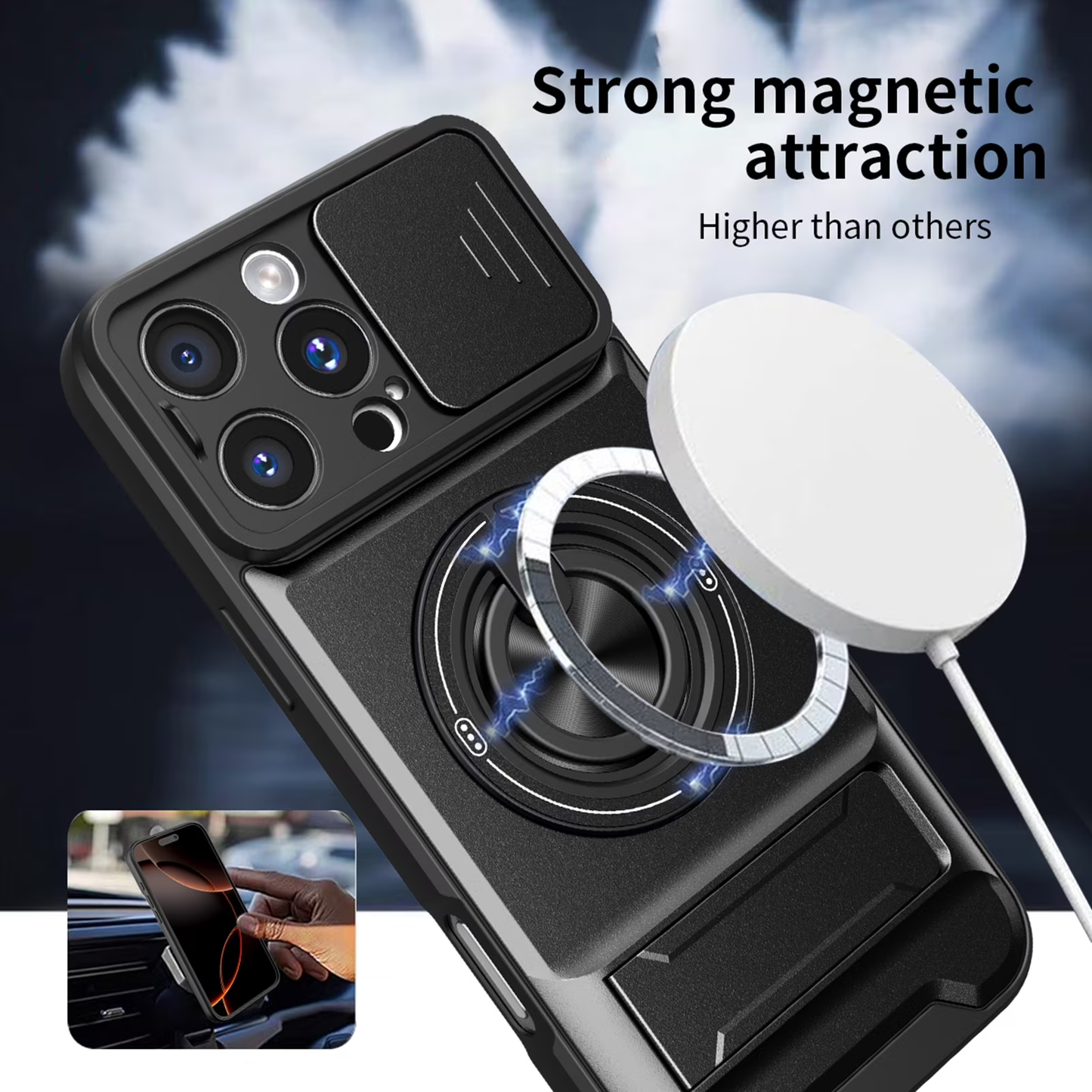 🛡️ Magnetic MagSafe Phone Case | Slide Camera Cover + Multi-Angle Kickstand & Ring Holder