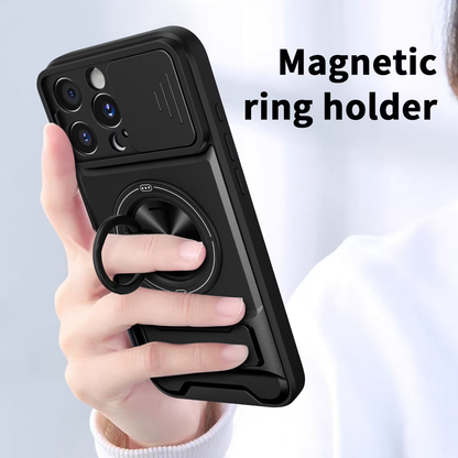 🛡️ Magnetic MagSafe Phone Case | Slide Camera Cover + Multi-Angle Kickstand & Ring Holder