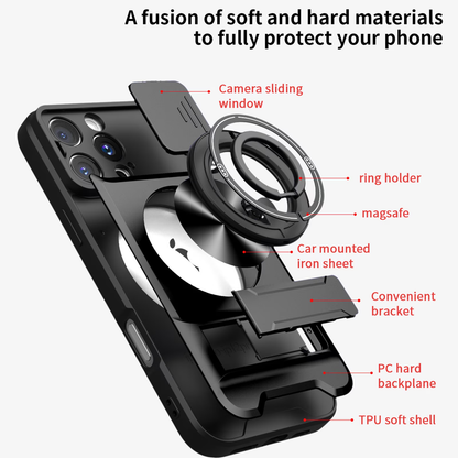 🛡️ Magnetic MagSafe Phone Case | Slide Camera Cover + Multi-Angle Kickstand & Ring Holder