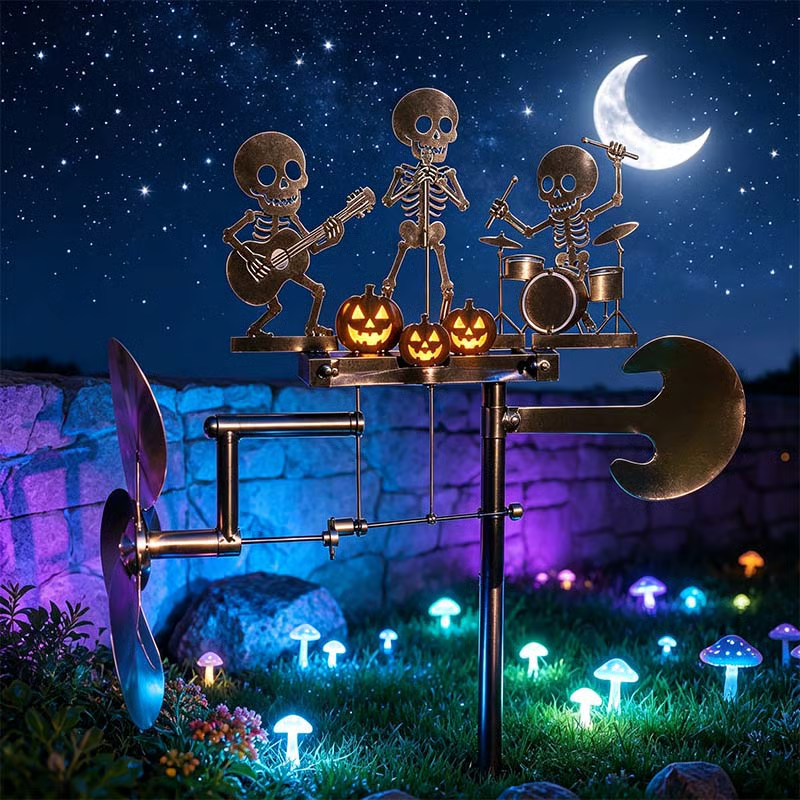 Halloween Skeleton Metal Drummer Kinetic Wind Spinner