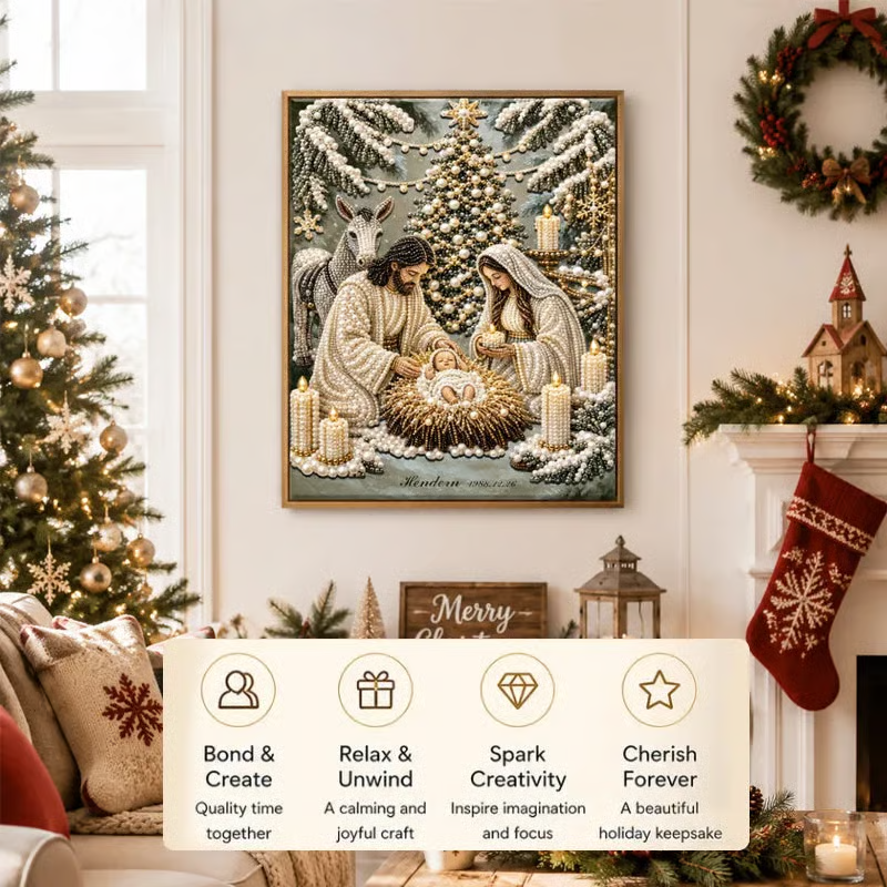 Premium 3D Diamond Jesus Birth Nativity Scene Painting Art Kit | Luxury Flocked Canvas with Scratch-Resistant Non-Fading Diamond Beads DIY Christmas Faith Decor 🌟✝️💎