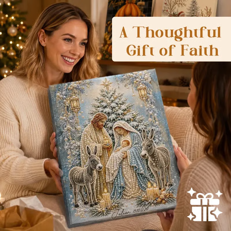 Premium 3D Diamond Jesus Birth Nativity Scene Painting Art Kit | Luxury Flocked Canvas with Scratch-Resistant Non-Fading Diamond Beads DIY Christmas Faith Decor 🌟✝️💎