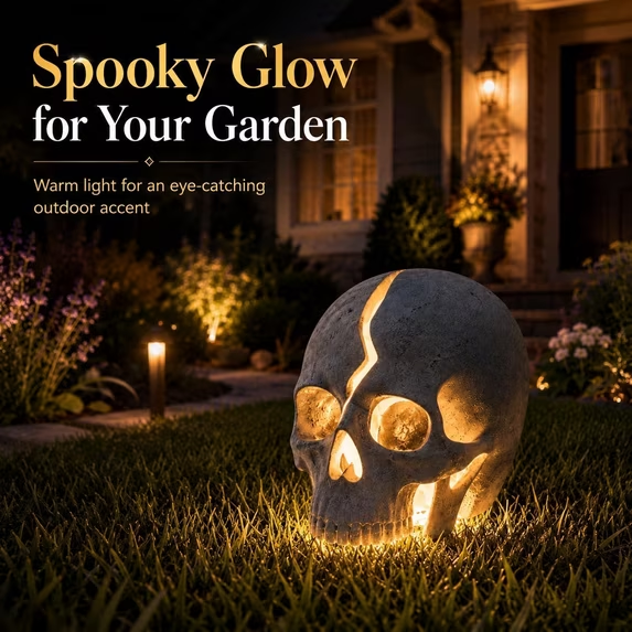 💀 Cracked Skull Solar Garden Light | Gothic Spooky Skull Landscape Yard Lamp