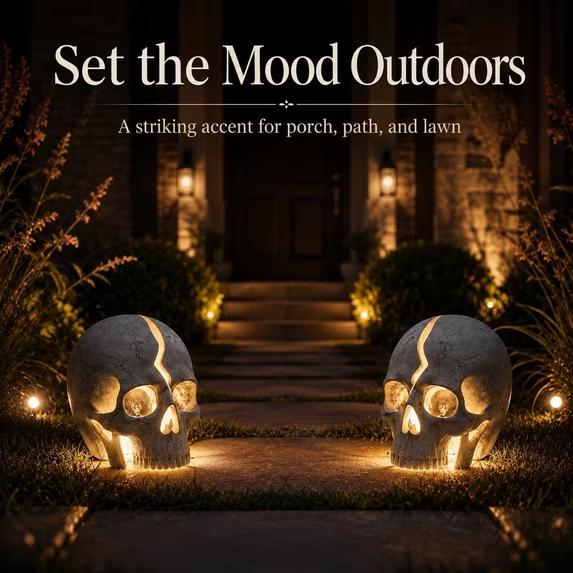💀 Cracked Skull Solar Garden Light | Gothic Spooky Skull Landscape Yard Lamp