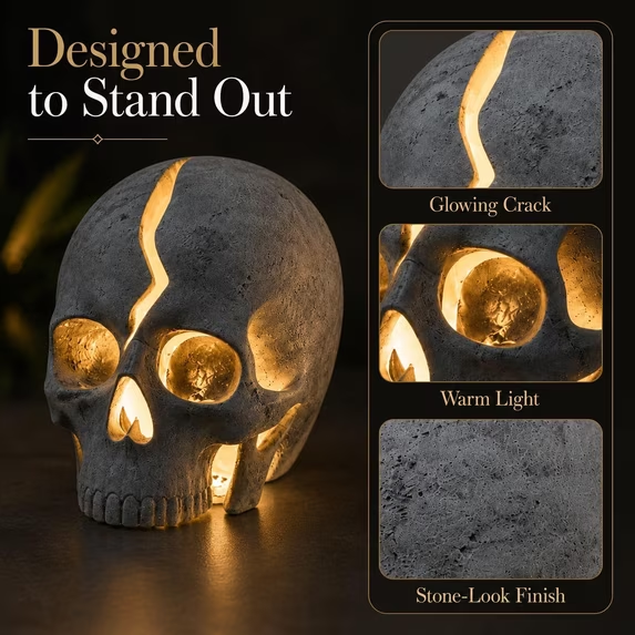💀 Cracked Skull Solar Garden Light | Gothic Spooky Skull Landscape Yard Lamp
