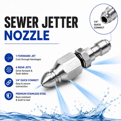Stainless Steel Sewer Jetter Nozzle – 1/4-Inch Quick-Connect Drain Cleaning Attachment for Pressure Washers