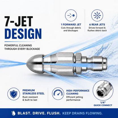 Stainless Steel Sewer Jetter Nozzle – 1/4-Inch Quick-Connect Drain Cleaning Attachment for Pressure Washers