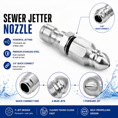 Stainless Steel Sewer Jetter Nozzle – 1/4-Inch Quick-Connect Drain Cleaning Attachment for Pressure Washers