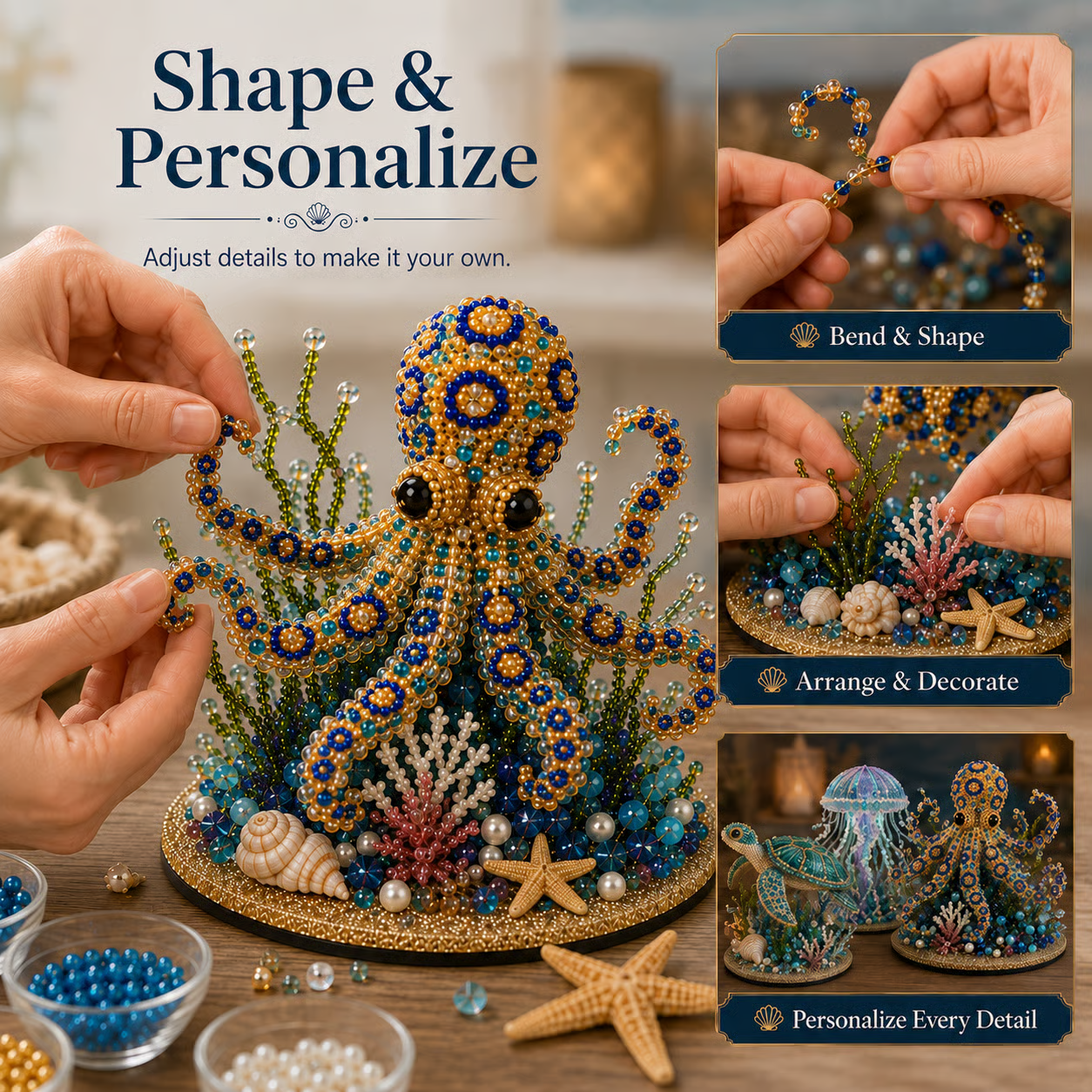 🌊 Ocean Sparkle Animal Craft Kit | Create a Dimensional Underwater Centerpiece with Colorful Beads, Pearls & Coastal Details 🐚✨