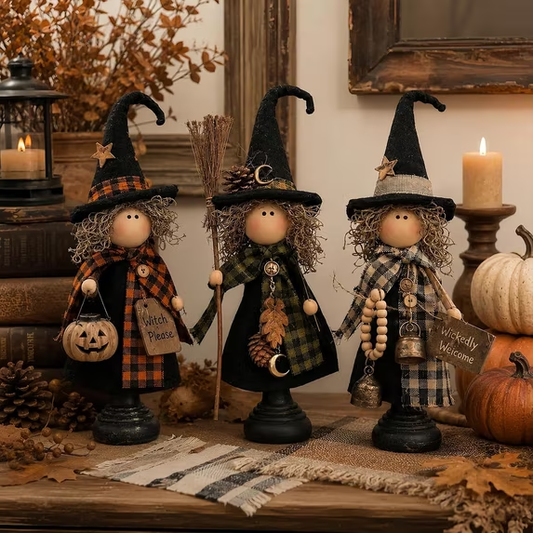 Rustic Halloween WitchFigurines, Set of 3 - VintageFarmhouse Tabletop Decor