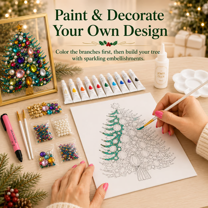 🎄 DIY Jeweled Christmas Tree Art Kit | Colorful Gems, Pearls, Paints & Gold-Tone Floating Display Frame 💎✨