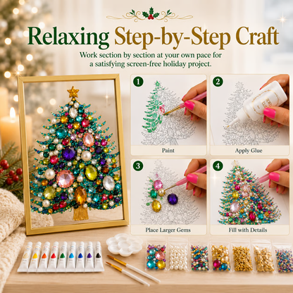 🎄 DIY Jeweled Christmas Tree Art Kit | Colorful Gems, Pearls, Paints & Gold-Tone Floating Display Frame 💎✨