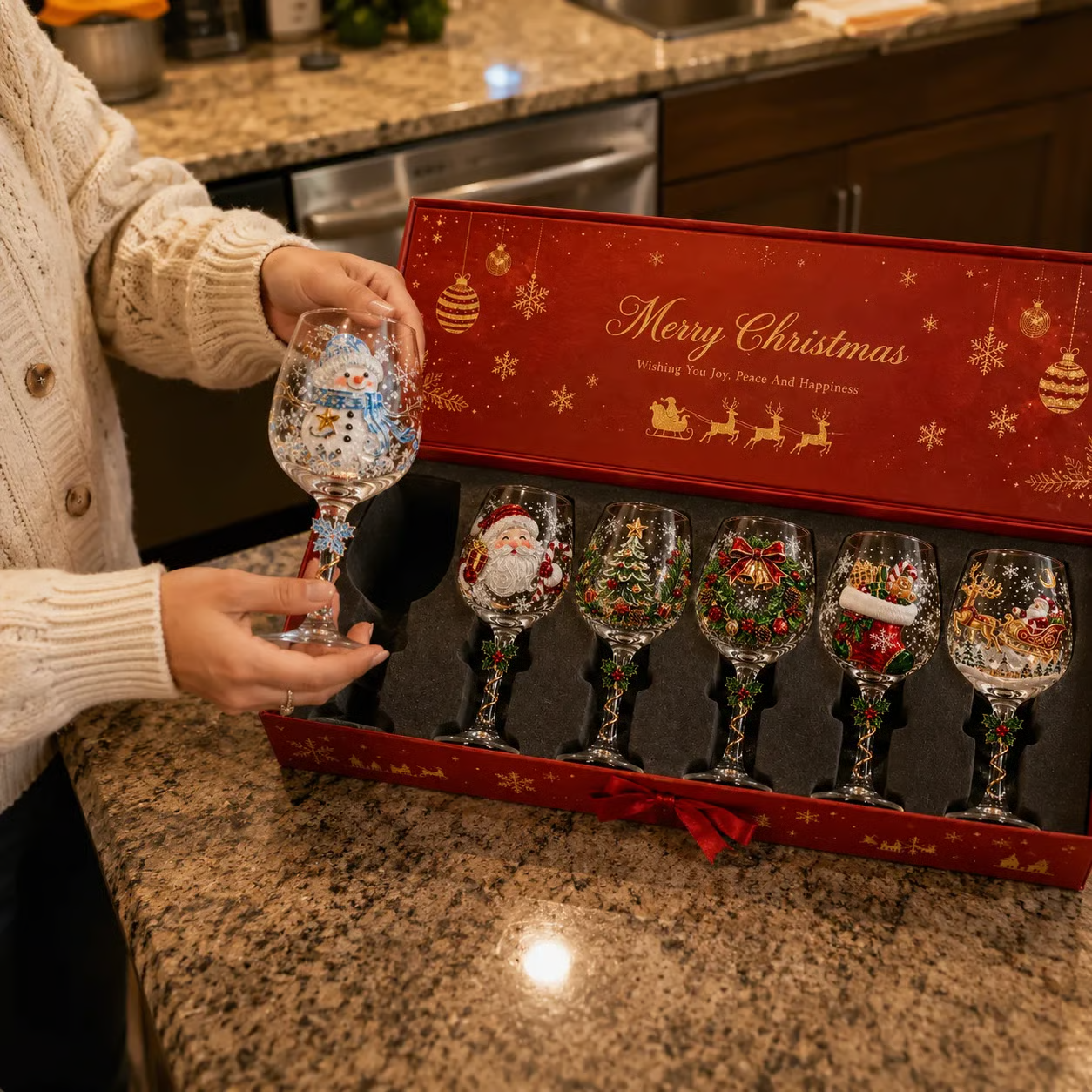 🎄3D Embossed Christmas Wine Glass Gift Box Set✨