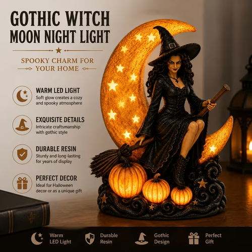🌙🎃 Witch On Moon LED Halloween Decor Figurine