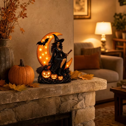 🌙🎃 Witch On Moon LED Halloween Decor Figurine