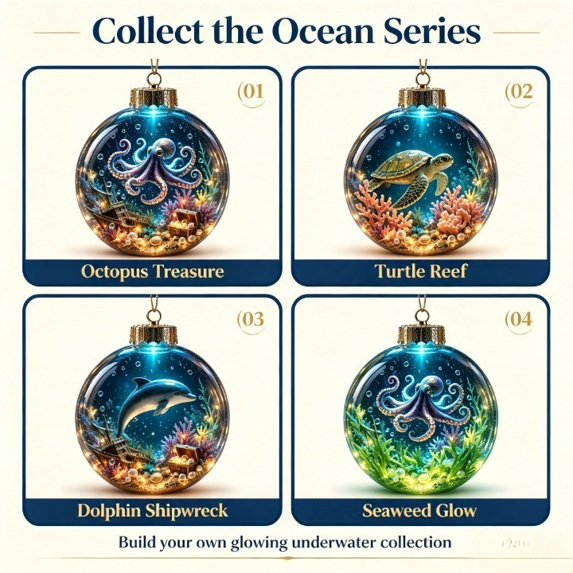 🌊 Ocean Series Illuminated 3D Model Decoration Collection | Clear Display Ornament with Detailed Sea Creatures, Coral, Shell & Pearl-Style Accents ✨