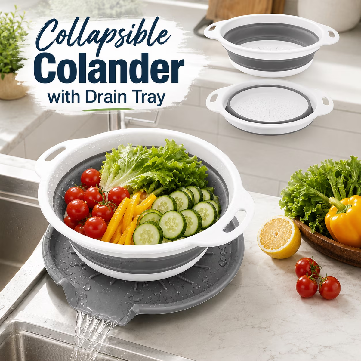 💧3-Piece Collapsible Colander Set - Space Saving Strainers with Draining Base