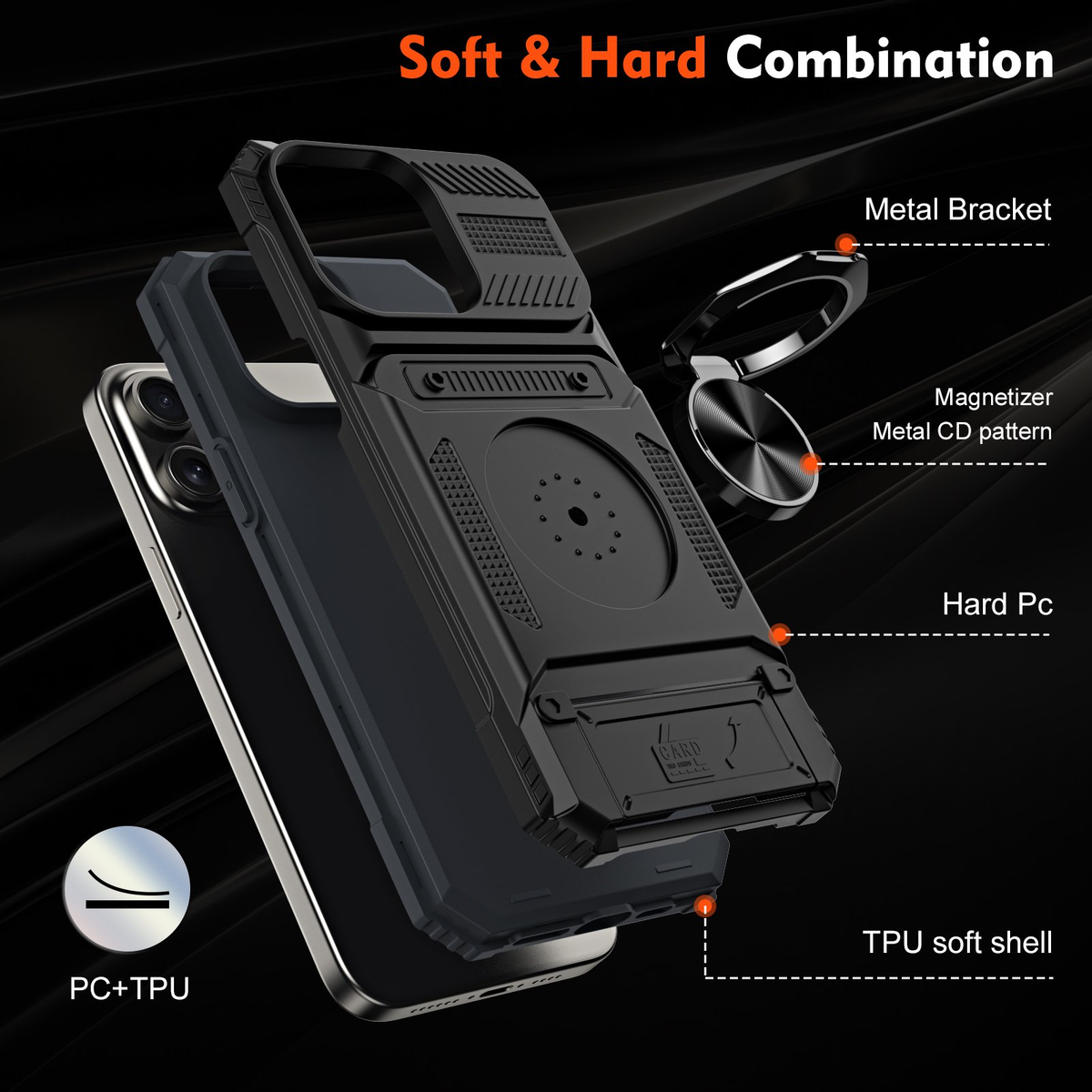 Card Holder Heavy Duty Protective Case with Ring Magnetic Kickstand Phone Cover