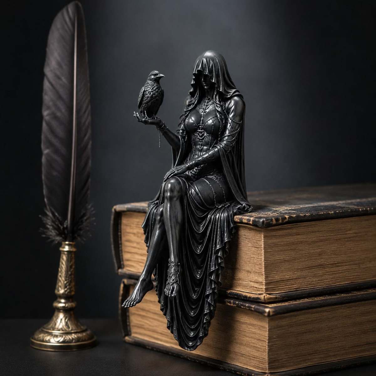 🦅Gothic Raven Shelf Sitter Statue Hooded Lady Reaper Figurine