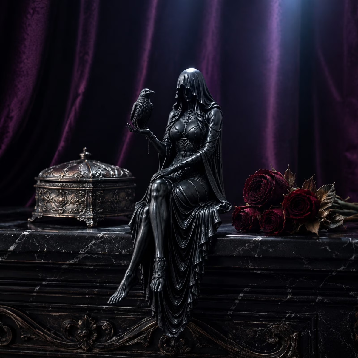 🦅Gothic Raven Shelf Sitter Statue Hooded Lady Reaper Figurine