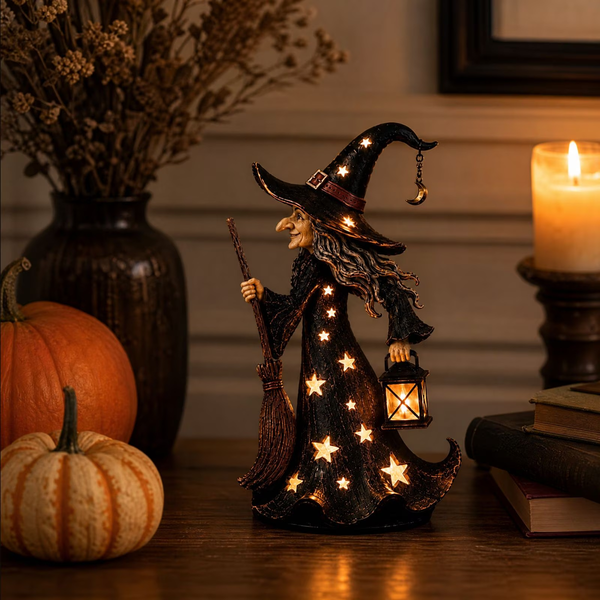 🧙‍♀️🌙 Glowing Starlight Witch Figurine|Magical Spooky‐Cute Night Light Decor