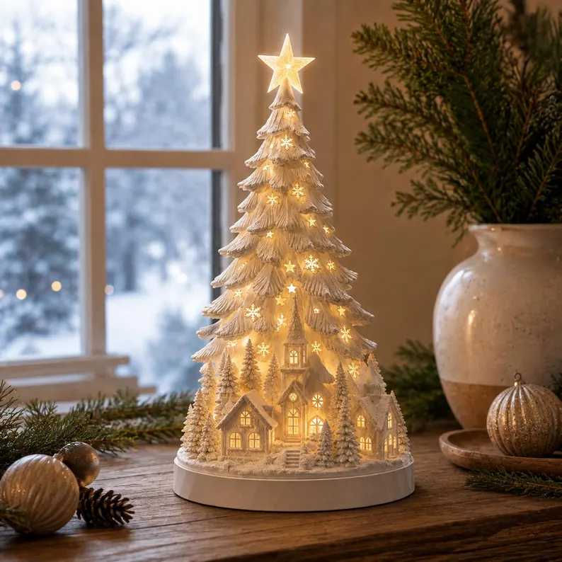 🎄Christmas Village Tree Light|Lighted White Christmas Village Tree Decor