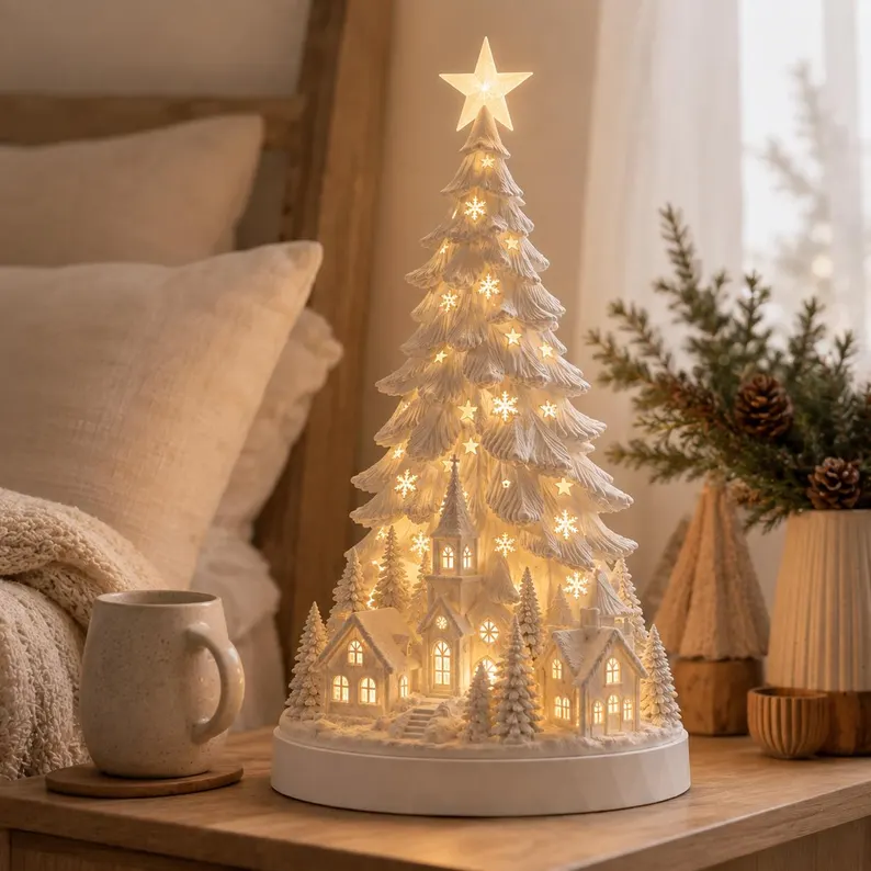 🎄Christmas Village Tree Light|Lighted White Christmas Village Tree Decor