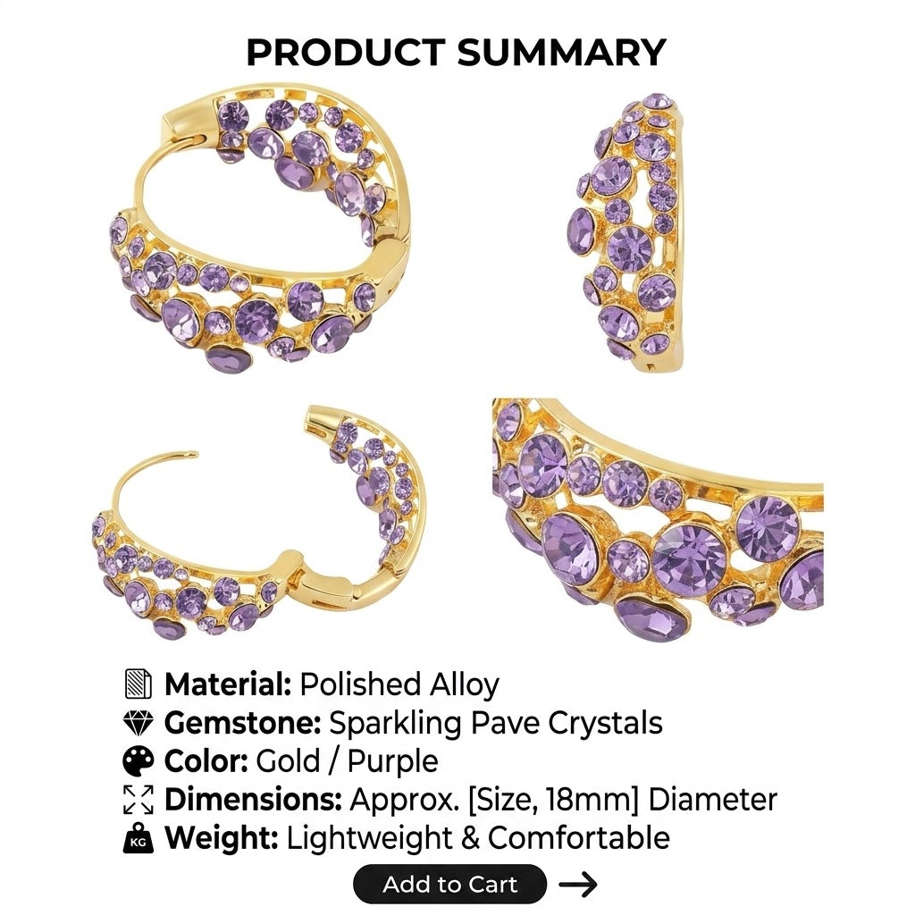 💜 Purple Crystal Pave Hoop Earrings
