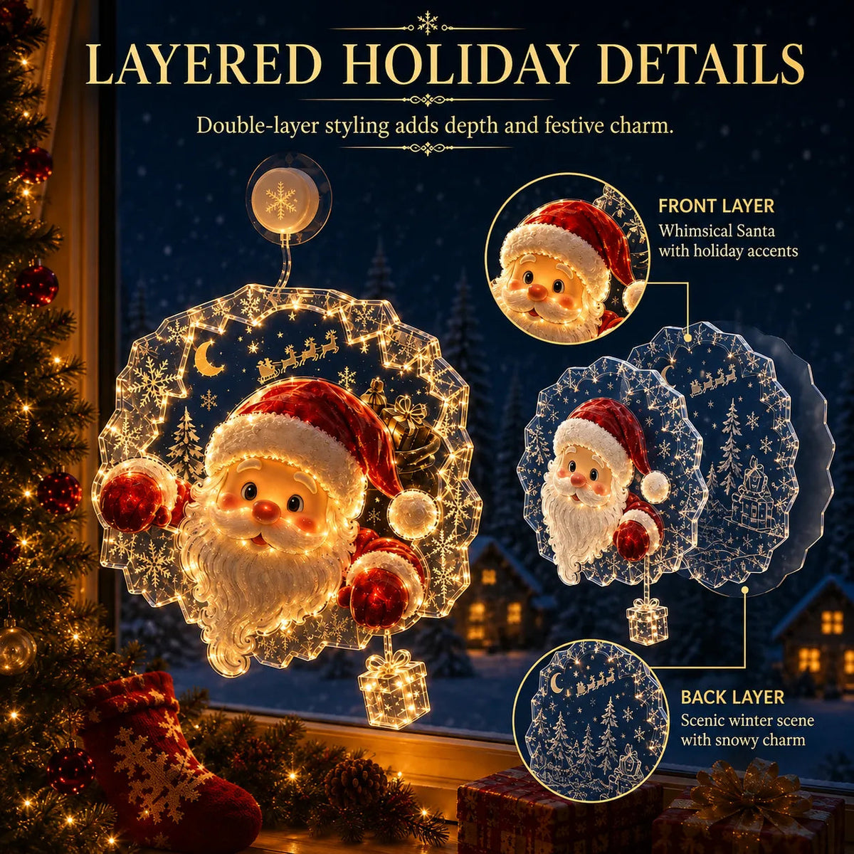 🎄Lighted Christmas Window Decoration with Suction Cup | Warm LED Window Light with Double-Layer Design & Multiple Festive Styles ✨