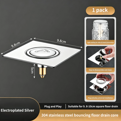 🛡️ Heavy-Duty Brass Bounce Floor Drain – Rustproof 304 Stainless Steel Panel with Anti-Odor & Anti-Bug Sealing Core