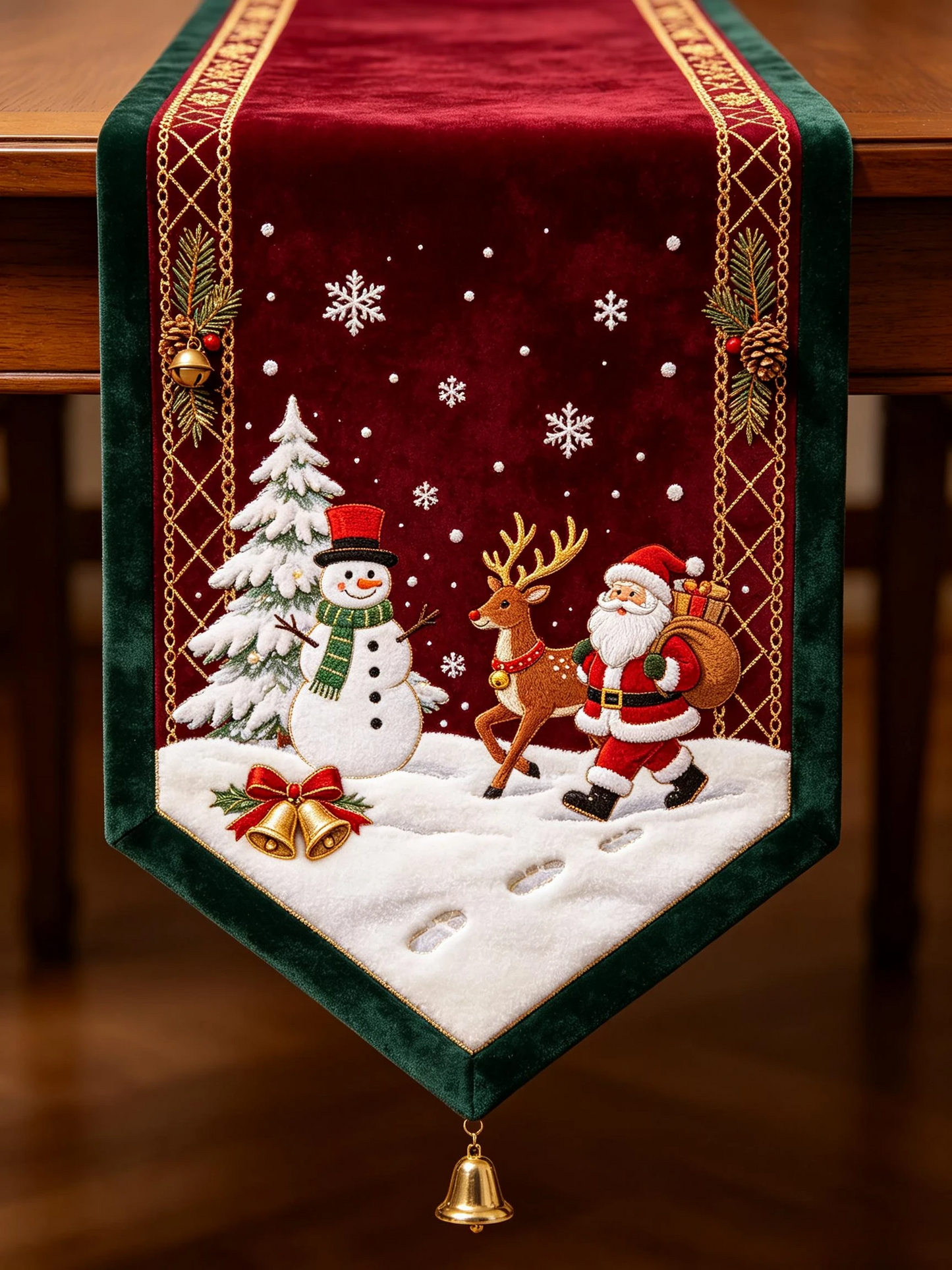 🎄 Embroidered Christmas Table Runner – Velvet Holiday Decor with Golden Bell, 3 Sizes for Dining Tables