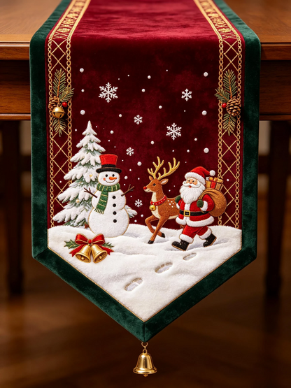 🎄 Embroidered Christmas Table Runner – Velvet Holiday Decor with Golden Bell, 3 Sizes for Dining Tables