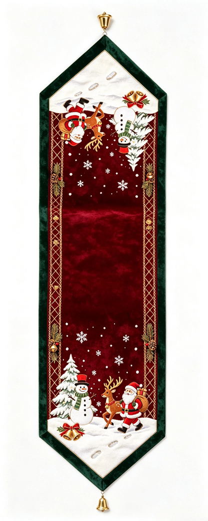 🎄 Embroidered Christmas Table Runner – Velvet Holiday Decor with Golden Bell, 3 Sizes for Dining Tables