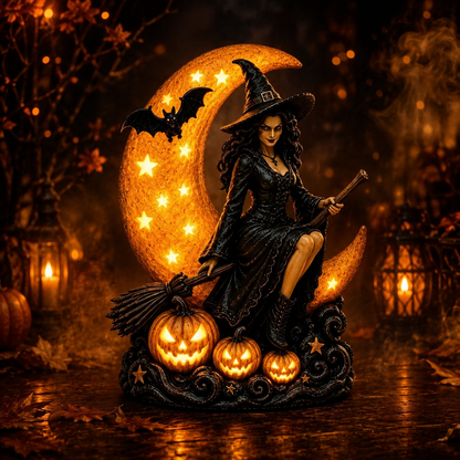 🌙🎃 Witch On Moon LED Halloween Decor Figurine