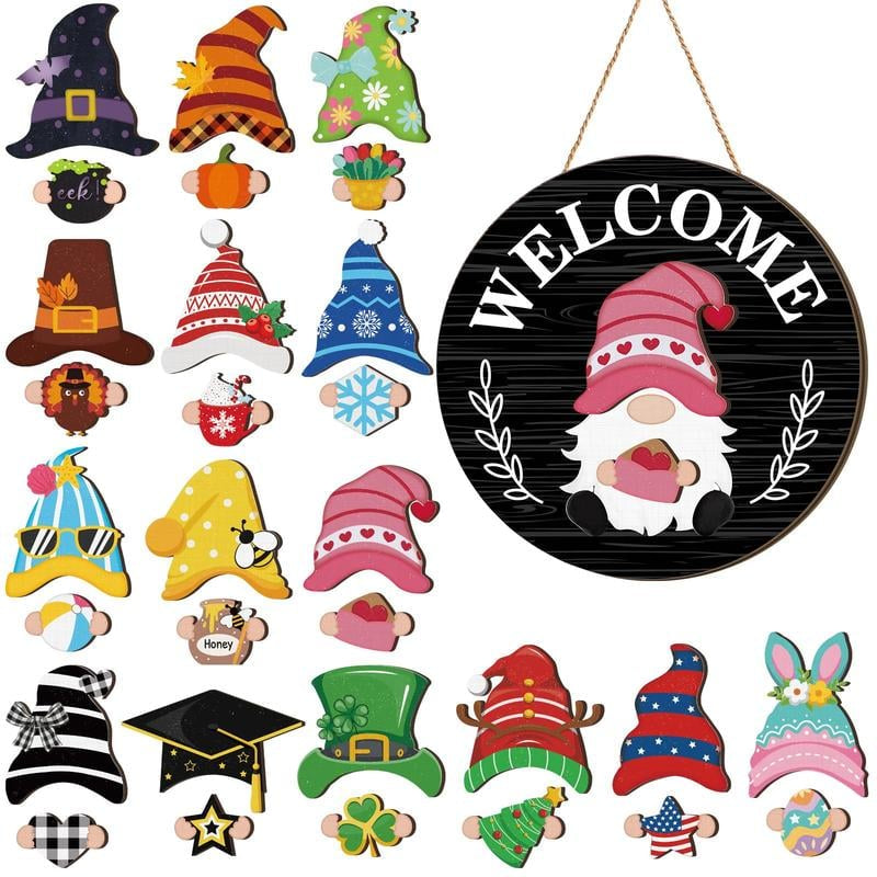 🎄Interchangeable Gnome Welcome Sign🧲 | Magnetic Seasonal Hat & Hand Inserts Round Wooden Door Hanger for Front Porch Decor