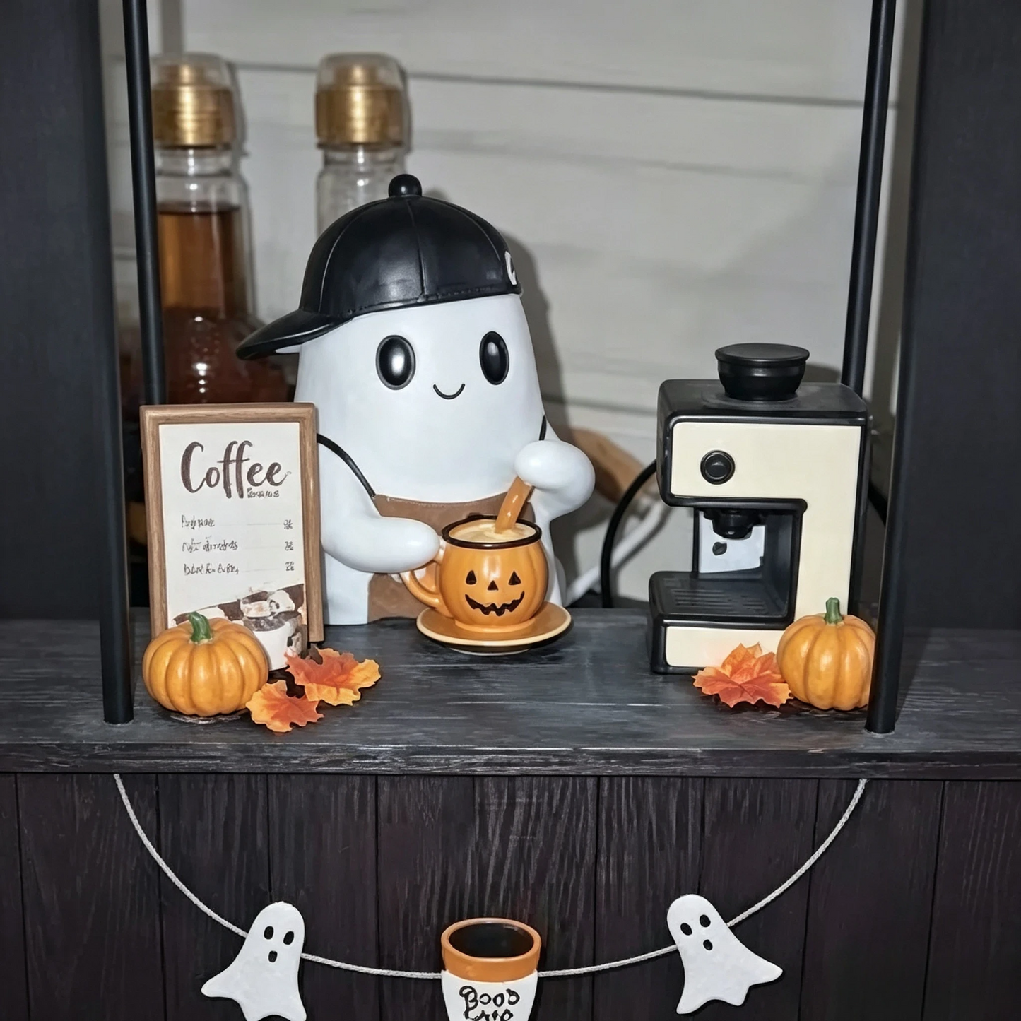 🎃 Cute Ghost Coffee Stand Figurine – Resin Halloweena Tabletop Decor with Mini Barista Bar, Perfect Fall Gift