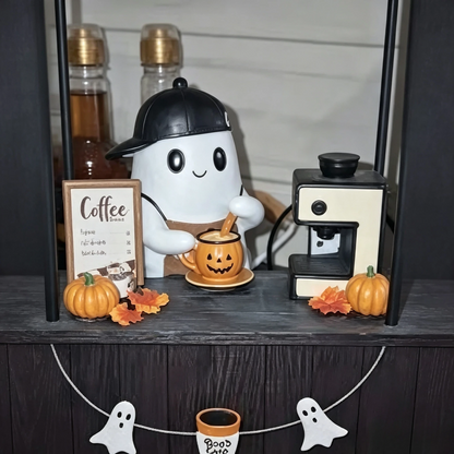 🎃 Cute Ghost Coffee Stand Figurine – Resin Halloweena Tabletop Decor with Mini Barista Bar, Perfect Fall Gift