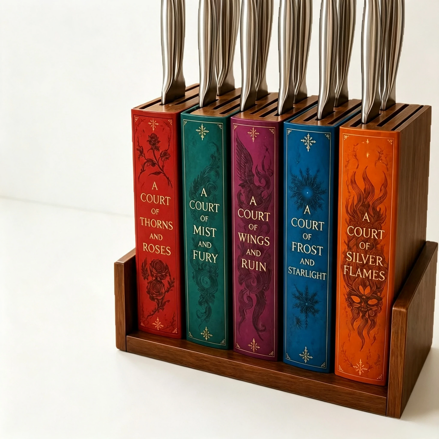 📚 Storybook Wooden Knife Block – Decorative Book Spine Kitchen Holder for 5 Knives